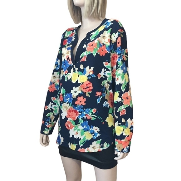 Ralph Lauren Blouse Top Shirt Plunge Neck Tunic Tank Long Sleeve Vivid Floral - Picture 5 of 13